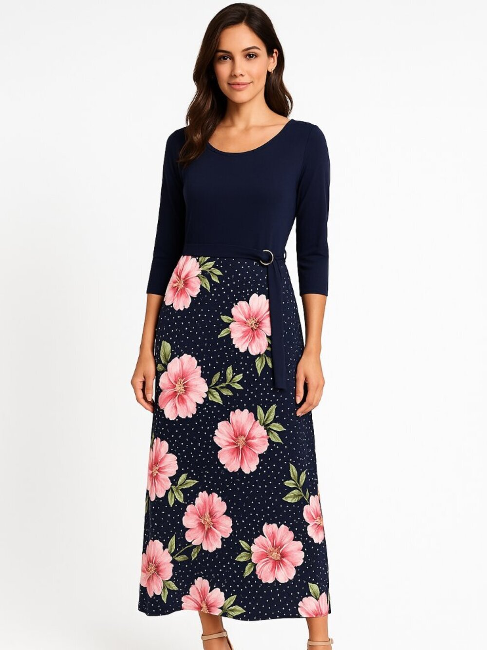En Focus Studio Navy Floral Dot Maxi Dress Size 14 Long Sleeve